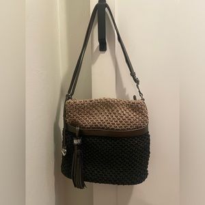 BEAUTIFUL BRIGHTON WOVEN JUTE/LEATHER SHOULDER BAG in taupe, black, gun metal .